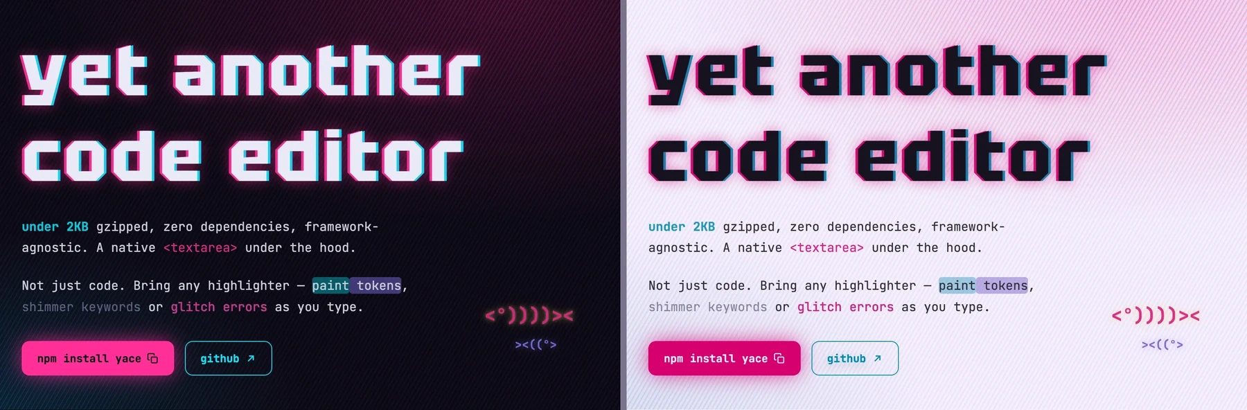 yace landing page: the original dark theme beside a naive light-theme conversion